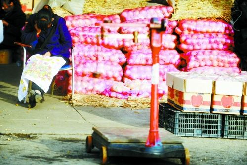 水果批發(fā)市場內(nèi)，沒有客戶時，商戶在繡十字繡