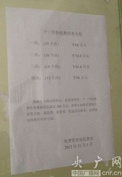 收費處辦公區(qū)張貼的收費任務分配表(央廣網(wǎng)記者 王利 攝)