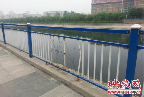 公園內(nèi)多個護(hù)欄中間的鋼筋條不翼而飛，僅僅是用幾根細(xì)細(xì)鐵絲纏住。