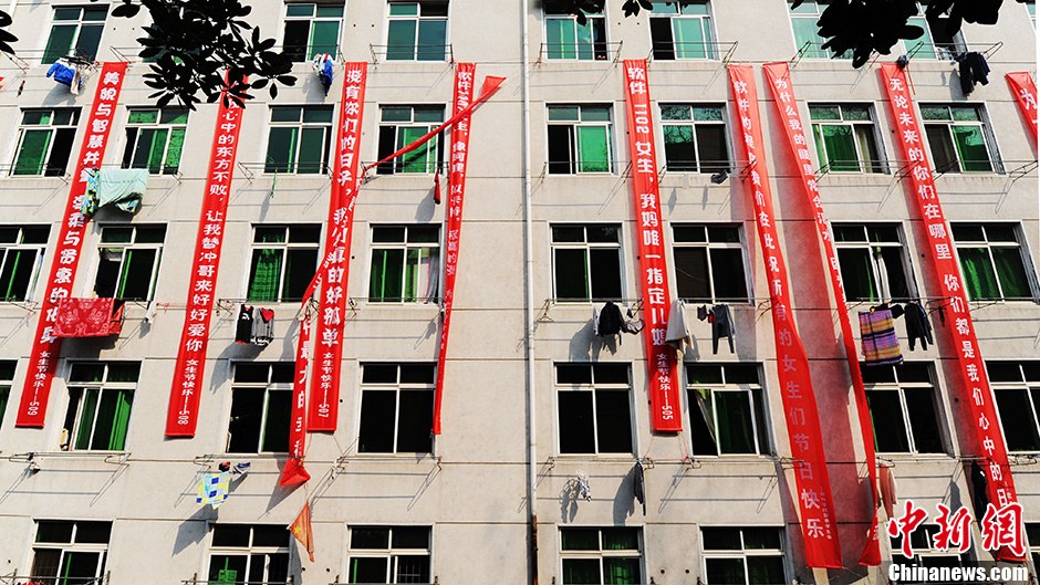 圖為男生宿舍掛起的二十多條橫幅。