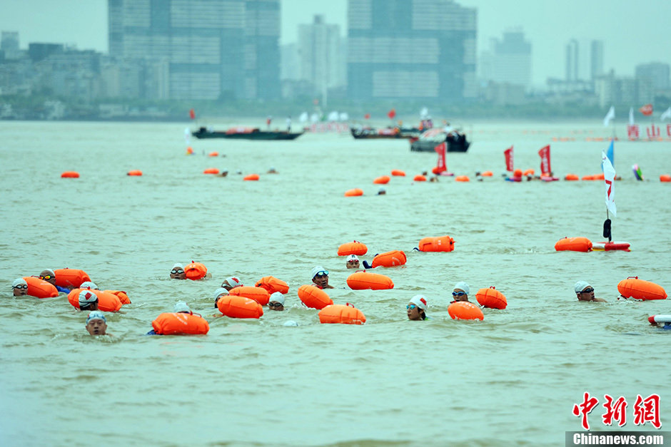 圖為江面上的橫渡方隊里的選手們劈波斬浪。中新社發(fā) 張暢 攝