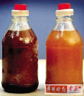 兩種油的顏色差別很大。（左為真）