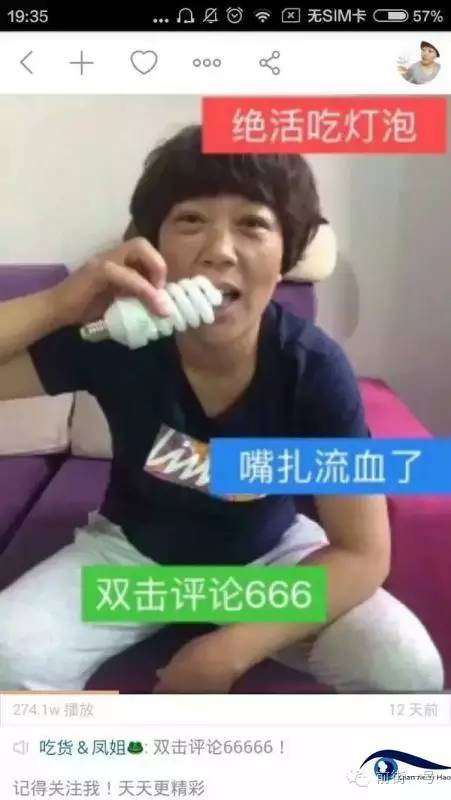 “吃貨鳳姐”直播吃燈泡。