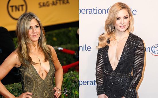 Jennifer Aniston & Kate Hudson出席重要場(chǎng)合也穿低胸裝。（圖片來(lái)源：臺(tái)灣東森新聞云）