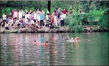 游客低頭玩手機踩空掉進(jìn)西湖 幸有消防士官途經(jīng)救起