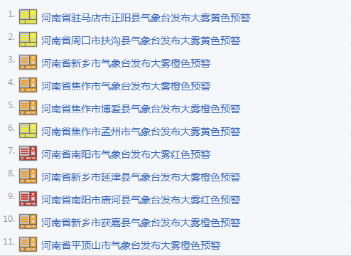 河南發(fā)布11個(gè)大霧預(yù)警 河南發(fā)布11個(gè)大霧預(yù)警