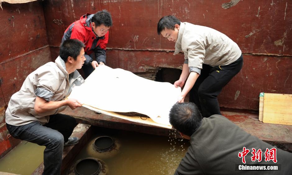 圖為考古現(xiàn)場(chǎng)工作人員小心翼翼將文物取出。