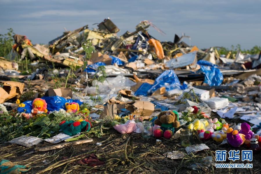 7月19日,在烏克蘭頓涅茨克州拉瑟普諾耶村附近,人們將玩具擺放在馬航MH17航班墜機(jī)現(xiàn)場(chǎng)。