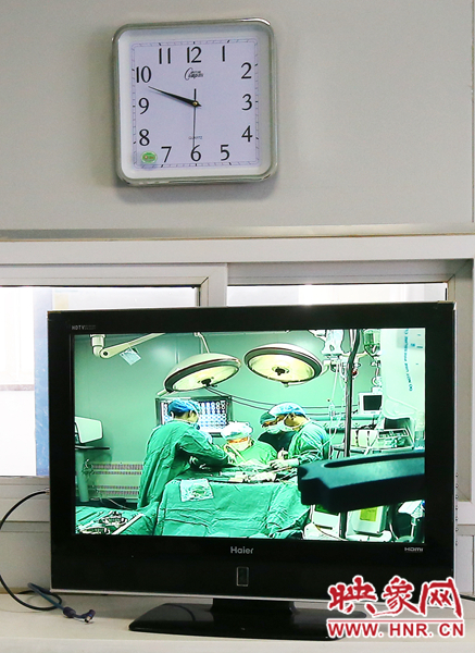 由于扎入大龍顱內(nèi)的針位置較深，所以經(jīng)過七次定位才取出,圖為監(jiān)視器中手術(shù)場景