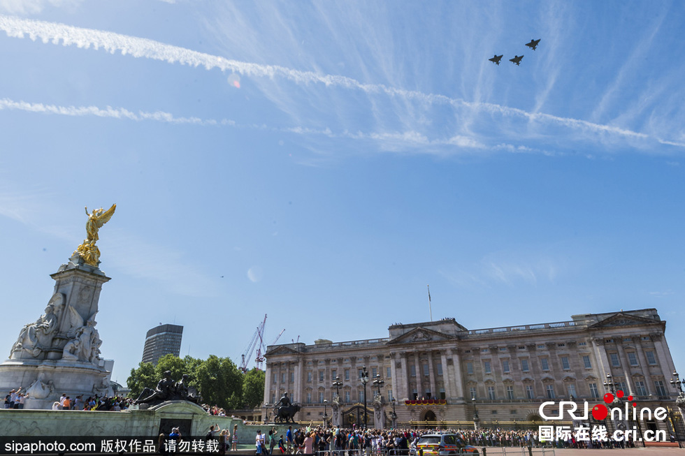 數(shù)架颶風(fēng)噴火戰(zhàn)斗機(jī)和臺(tái)風(fēng)戰(zhàn)斗機(jī)編隊(duì)飛躍白金漢宮上空，參加了紀(jì)念儀式。