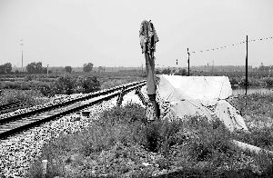 6月30日， 農(nóng)戶用搭建的窩棚和電線桿阻擋了鐵路的施工。新華社發(fā)